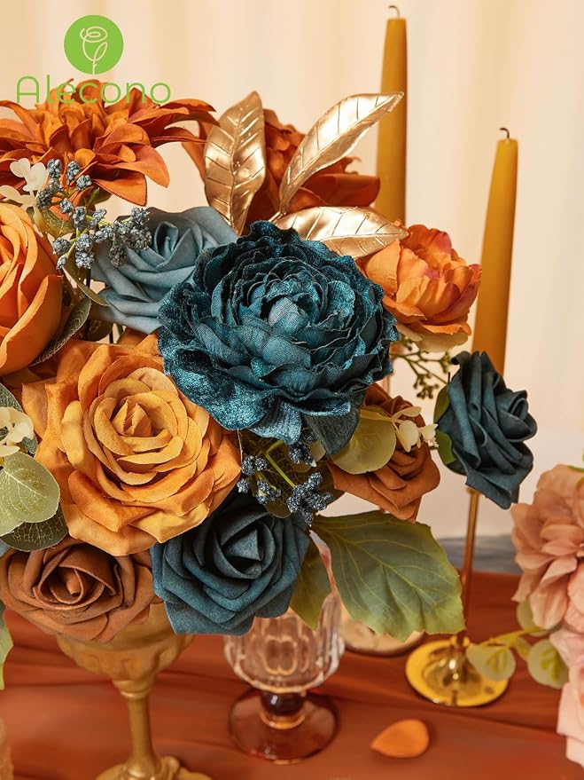 Alecono Orange and Teal Artificial Flowers, Silk Fake Floral Set | - Image 9