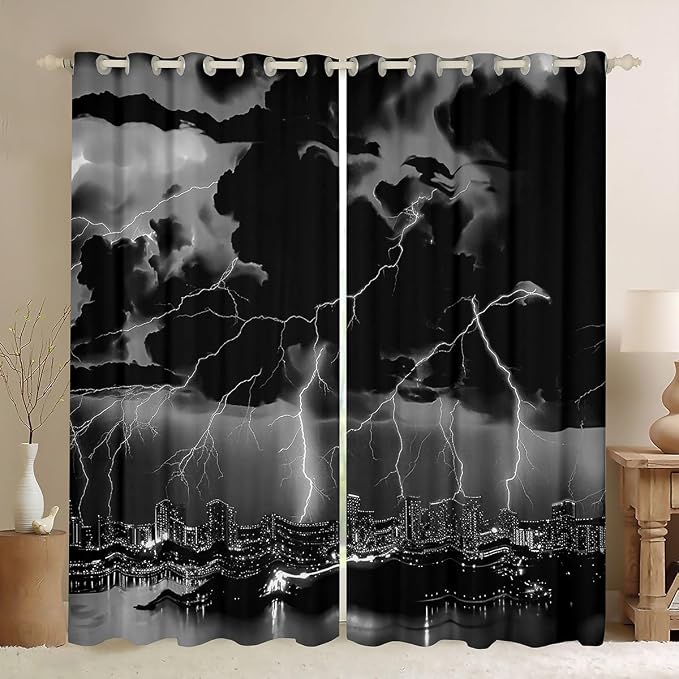 jejeloiu Grey Thunder Lightning Window Drapes Cool Flashing Lightning Blackout by jejeloiu