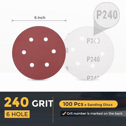 HARFINGTON 100 Pcs 6 Inch Sanding Discs 240 Grit Red Aluminum Oxide 6 Hole | - Image 2