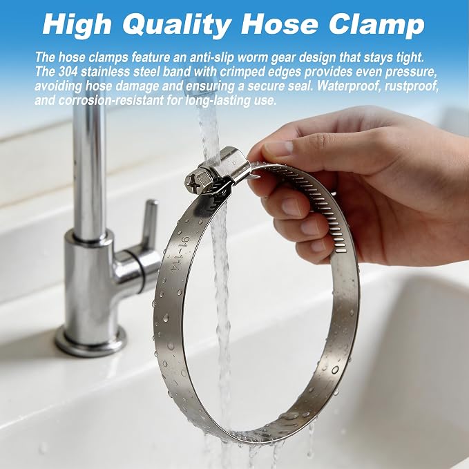 Stainless Steel Hose Clamps 2 Pack, Adjustable 3.7"-4.6" Worm Gear Hose Clamps - Image 6
