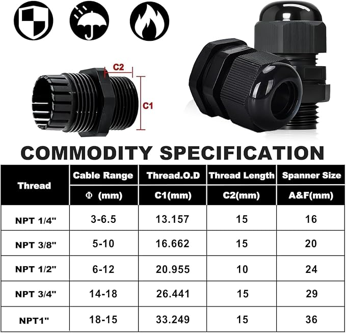 24 Pcs 3/8" NPT Black Adjustable Cable Glands - Image 2