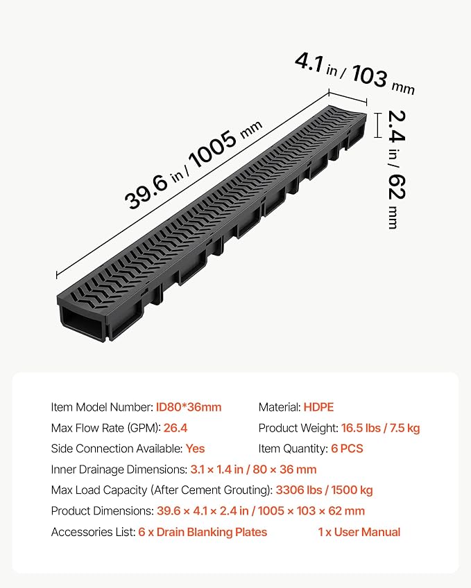 VEVOR Trench Drain, 39.6 x 4.1 x 2.4 in, 5 Pack Linear Drainage Channel - Image 7
