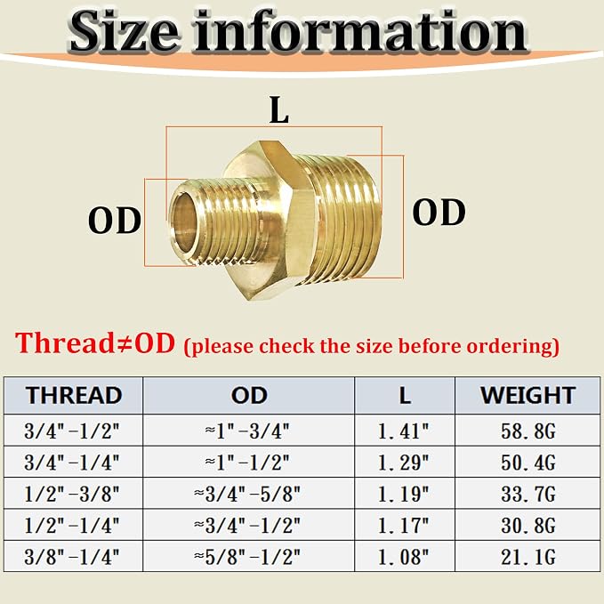2PCS NPT Male Threaded Reducing Nipple Pipe Fitting Adapter, Brass Hex Nipple - Image 7