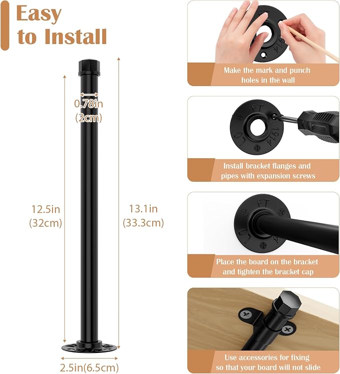6 Pack Pipe Shelf Bracket 12 Inch Floating Shelving Bracket | Industrial - Image 2