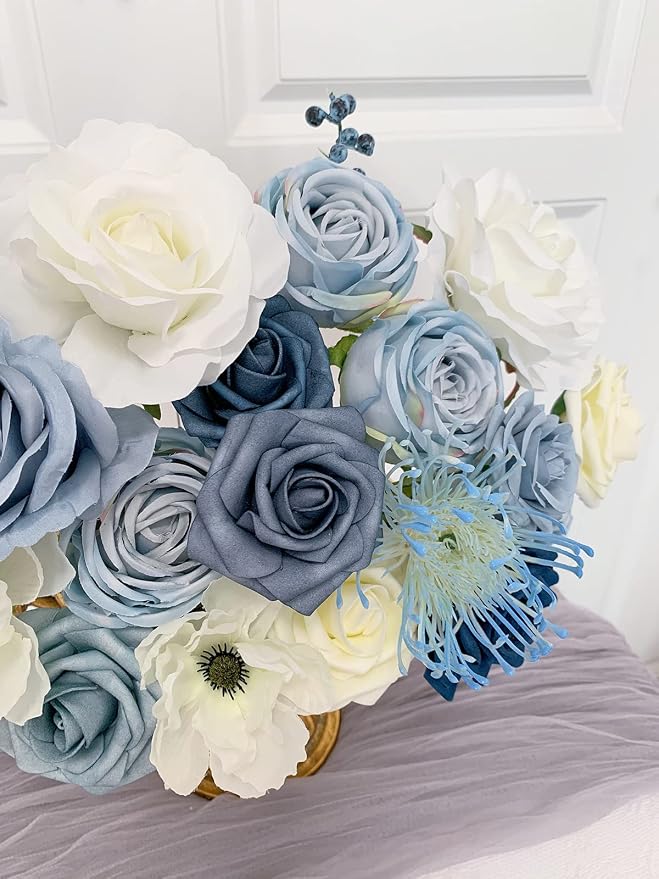 FACINOC Roses Artificial Flowers Blue Bouquet Box Set Fake Flower - Image 7