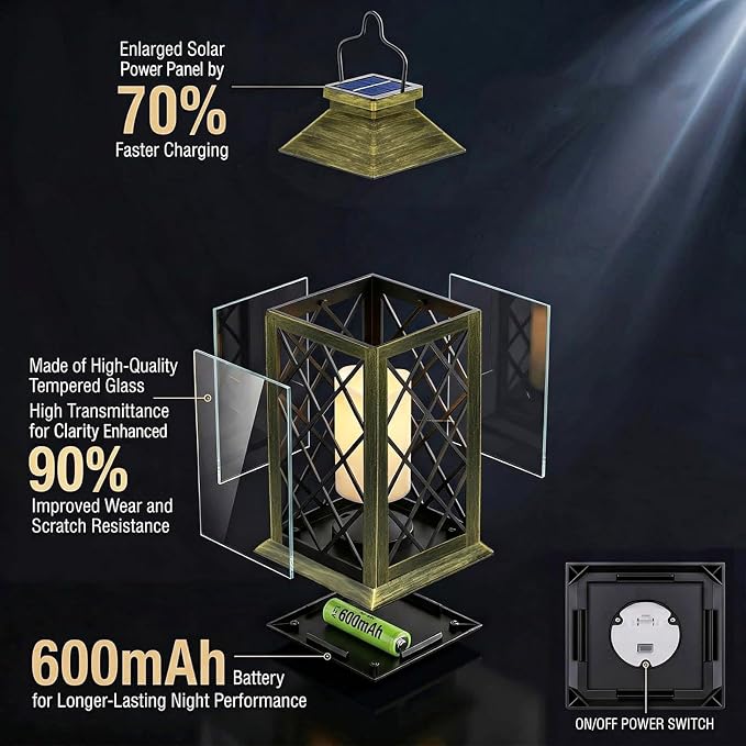 2 Pack 14" Large Tempered Glass Solar Lanterns Outdoor Waterproof | Bronze - Image 4