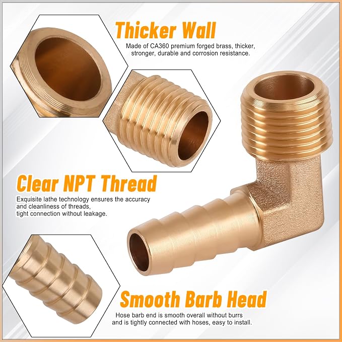 KOOTANS 18PCS Brass Hose Barb Fittings 90 Degree Elbow Barb to NPT Male Thread - Image 4