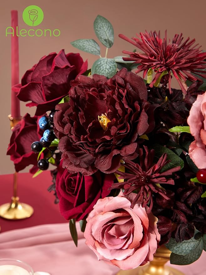 Alecono Burgundy Artificial Flowers, Silk Fake Roses Floral Set | - Image 8