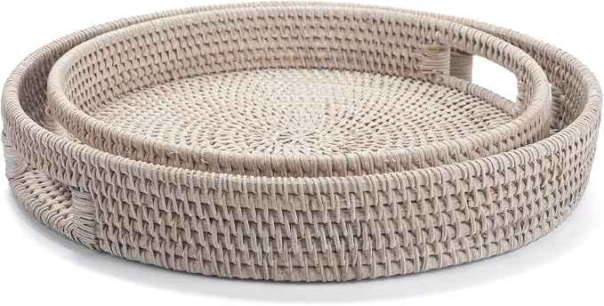 13.8 inch Round Rattan Tray, Decorative Coffee Table Tray, Ottoman Tray - Image 9