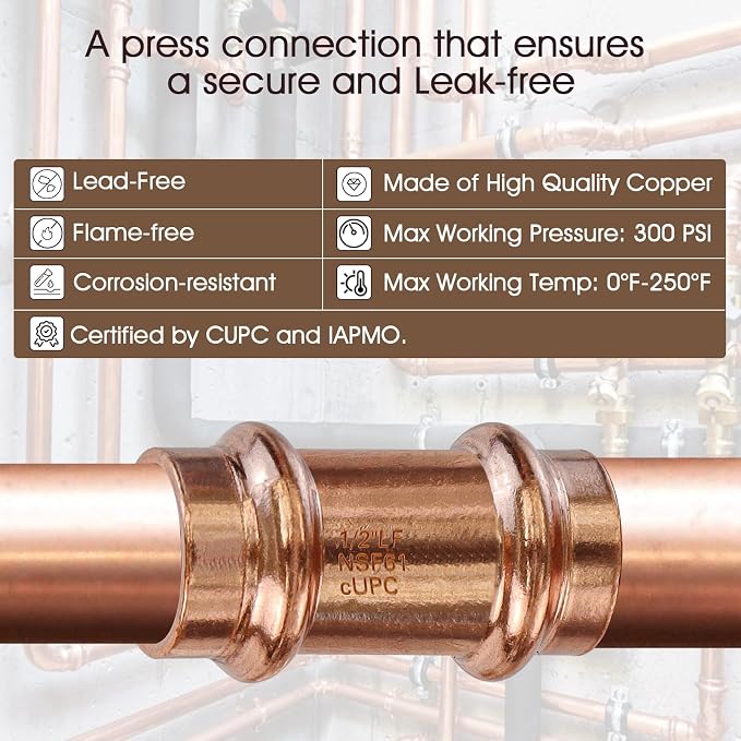 12PK Copper Press Fittings, 1/2inch Copper Coupling - Image 3