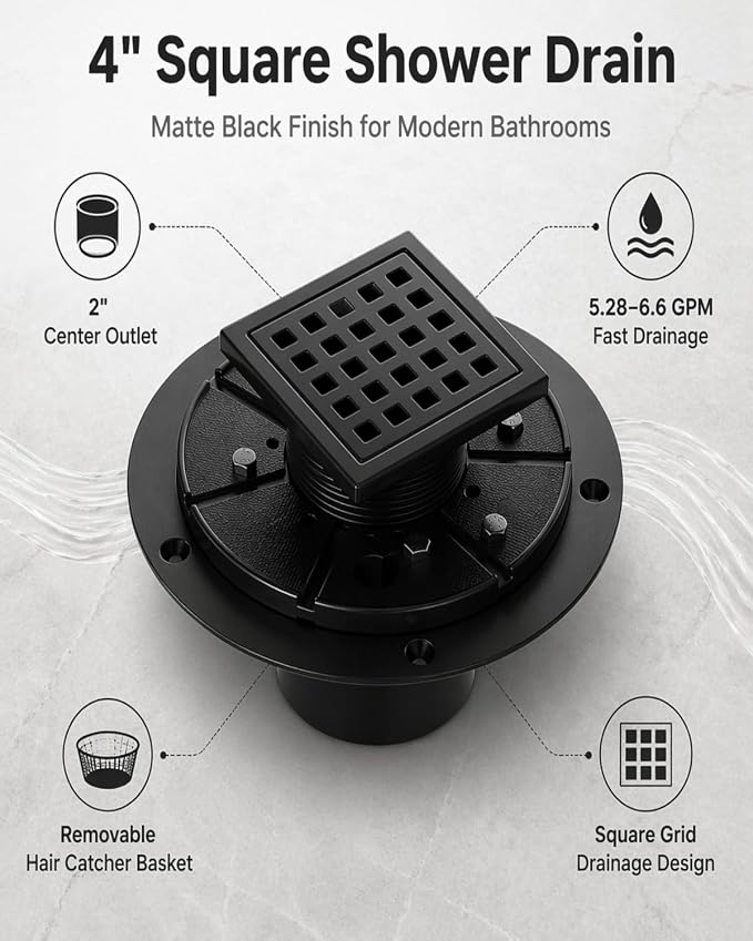4" Matte Black Shower Drain, Square Shower Floor Drain - Image 6