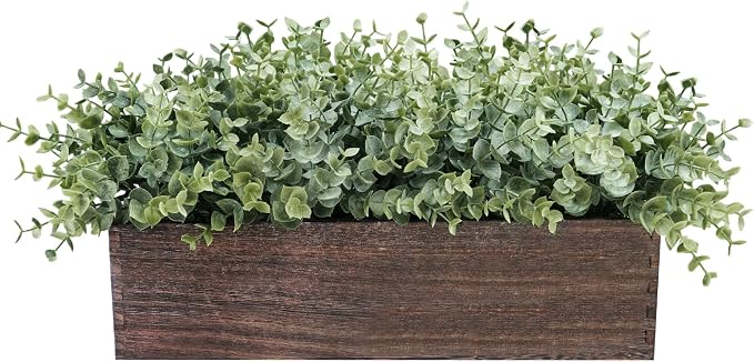 Winlyn 14" Artificial Eucalyptus in Rectangular Wood Planter Box Faux Plants by Winlyn
