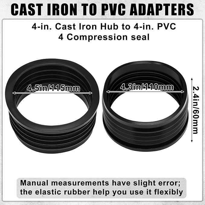 4 Pack 4'' to 4'' Cast Iron Hub to PVC Adapter Sewer Pipe Repair Kit Flexible - Image 2