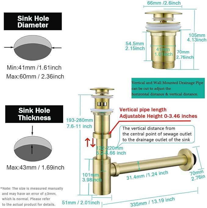 Bottle P-Trap 1 1/4 with Pop Up Drain Stopper with Overflow, Brushed Gold - Image 2