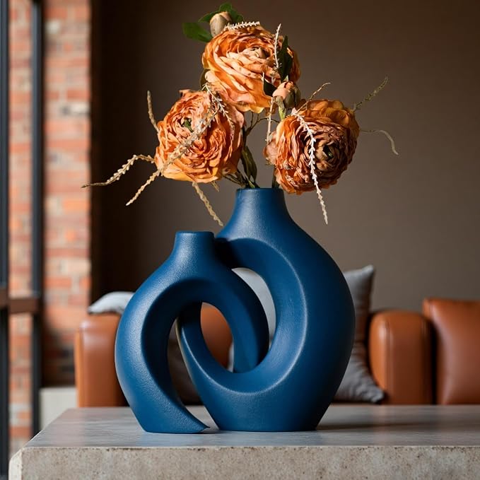 Snuggle Hollow Ceramic Vase Set of 2, 8.4 inch Modern Nordic Coastal Shaped - Image 4
