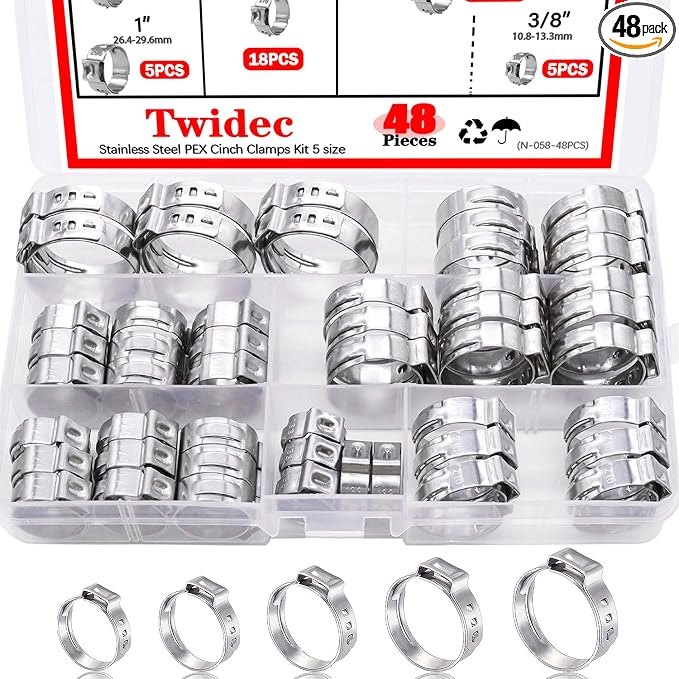 Twidec/48PCS 3/8", Stainless Steel Pex Crimp Rings, Single Ear Hose Clamps by Twidec