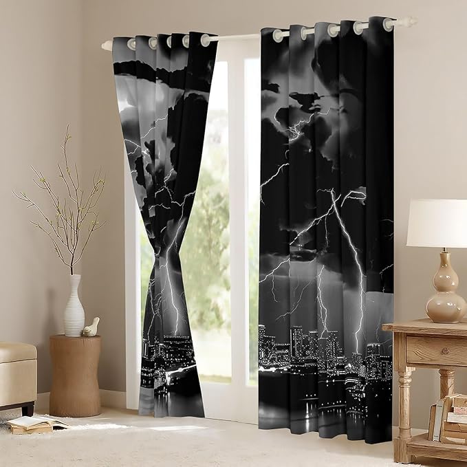 jejeloiu Grey Thunder Lightning Window Drapes Cool Flashing Lightning Blackout - Image 3
