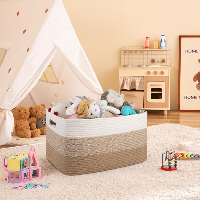 OIAHOMY Blanket Basket Laundry Basket Dog Toy Basket 75L Light Yellow | Large - Image 2