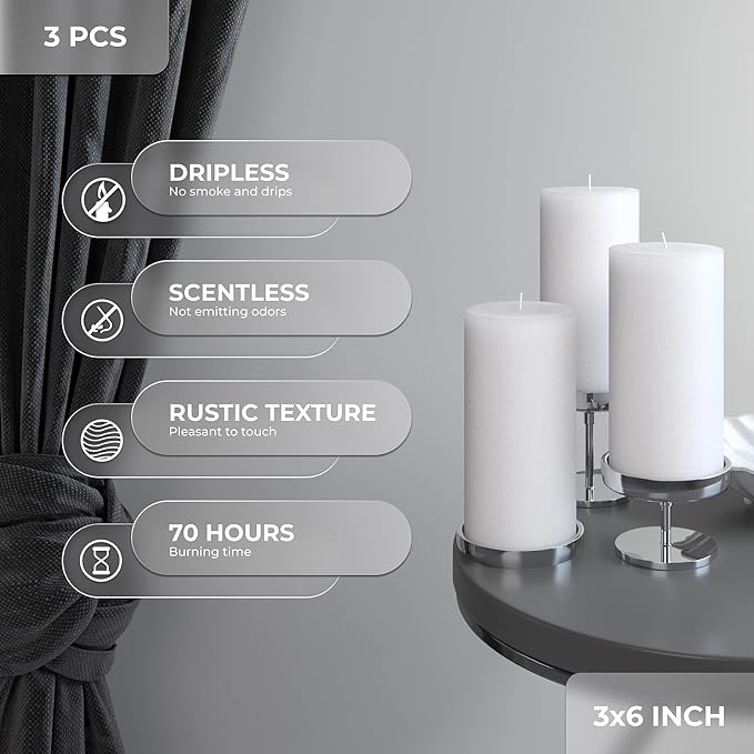 Large Pillar Candles 3x6 Inch – Set of 3 Unscented Dripless White Candles - Image 2