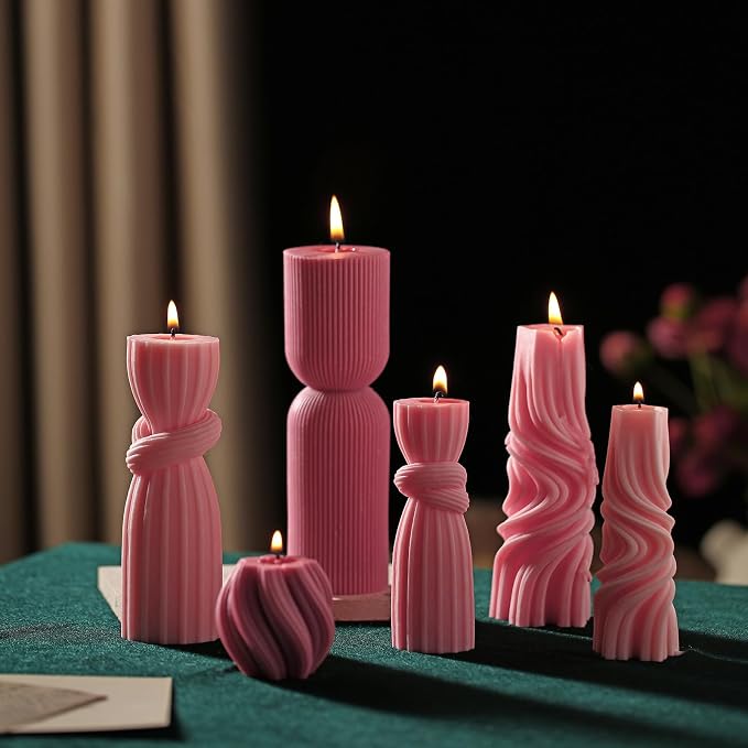 Threlaco 6 Pcs Pink Pillar Candles Decorative Modern Aesthetic Ribbed Candle - Image 4