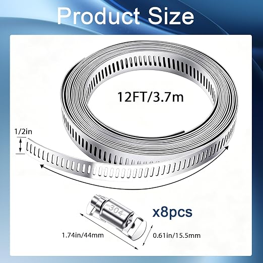 304 Stainless Steel Hose Clamp Assortment Kit, DIY 12FT Metal Strap + 8 - Image 2