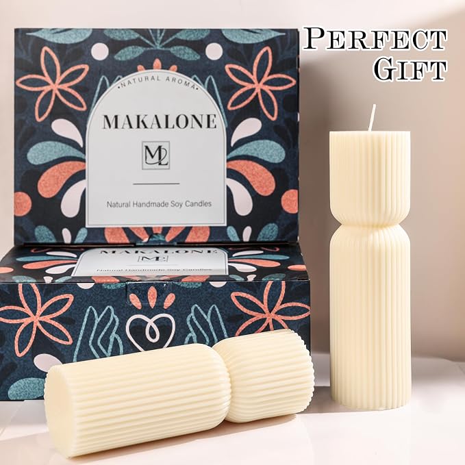 Aesthetic Sandalwood Scented Candles, Ribbed Pillar Candle Set of 2, Natural - Image 4