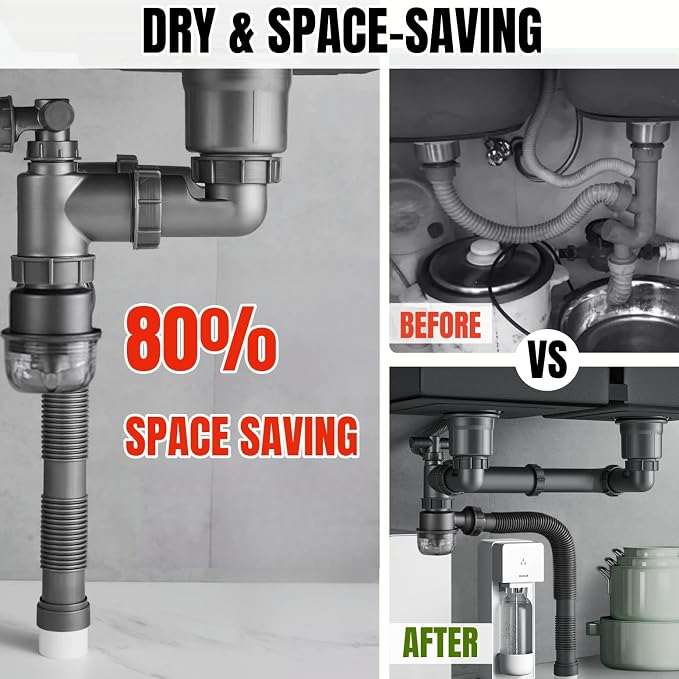 1-1/2 Inch Double Kitchen Sink Drain Kit, Anti-Odor Clear Bottle Trap - Image 4