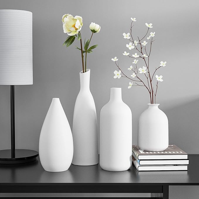 White Ceramic Vase Set of 4, Modern Farmhouse Decorative Vases - Image 3