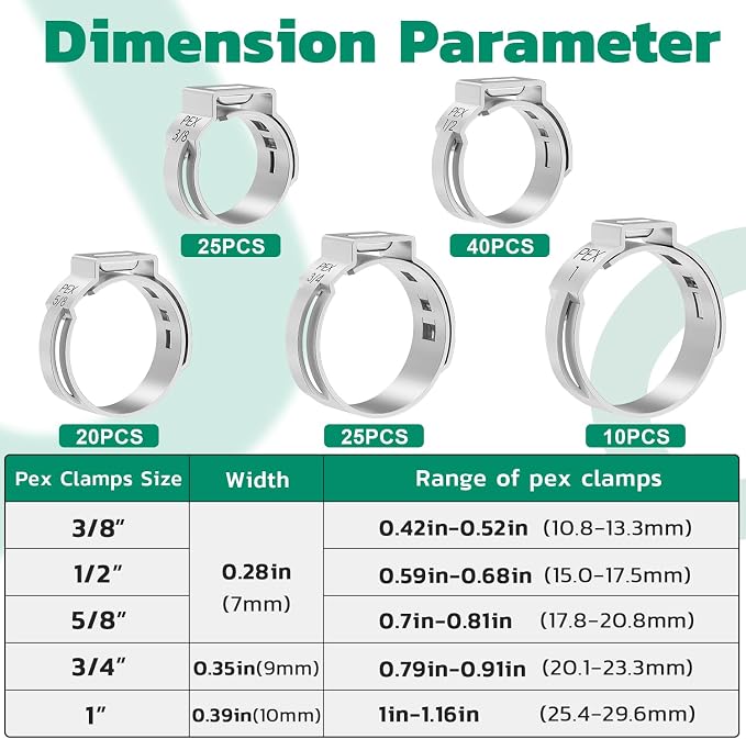 OURU 120PCS Pex Crimp Rings Assortment Kit, 304 Stainless Steel, Single Ear - Image 2