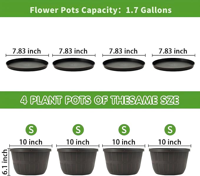 Quarut 4 Pack 10 inch Flower Pots, Plastic Plants Pots Outdoor | Planters - Image 4