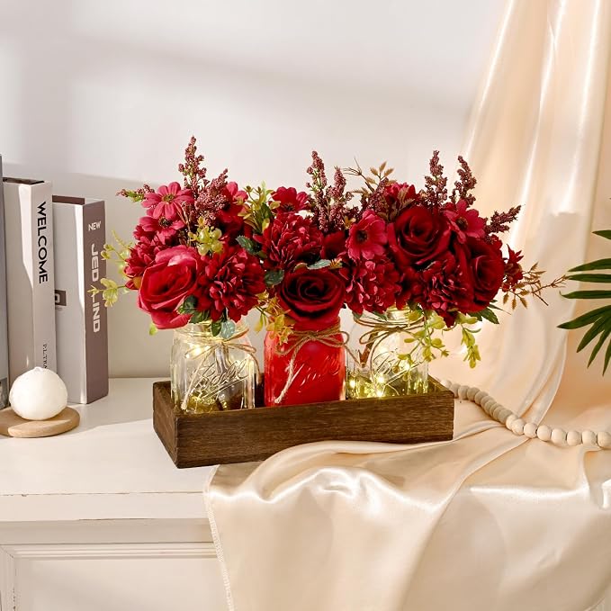 BLEUM CADE 3Pcs Mason Jar with Artificial Dahlia Flowers Wood Tray Lights | - Image 3