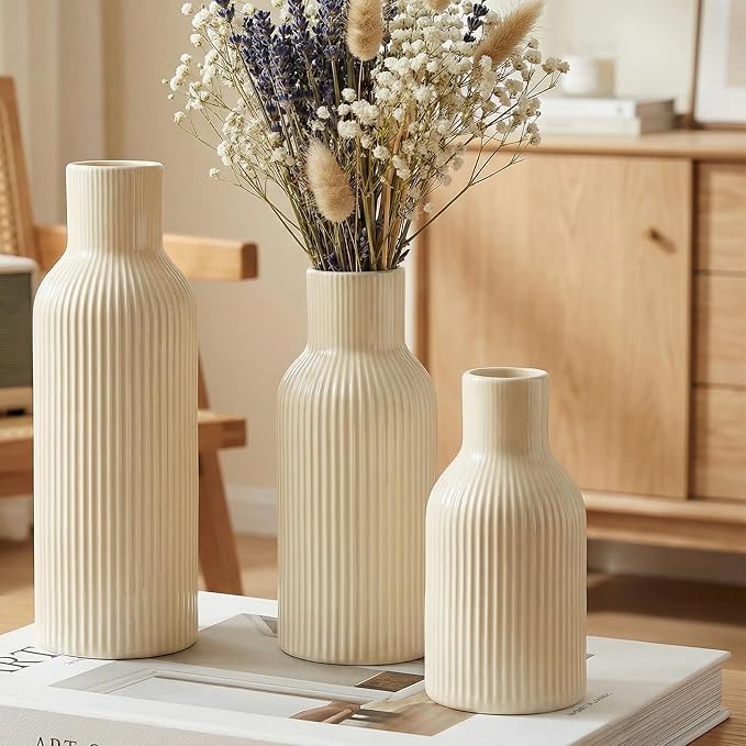 Beige Ceramic Flower Vases Set of 3, Modern Smooth Ribbed Texture, Nordic - Image 5