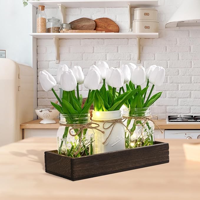 BLEUM CADE 3Pcs Mason Jar with Artificial Tulip Flowers Wood Tray and Light | - Image 7