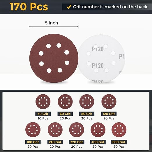 HARFINGTON 170Pcs 5Inch Sanding Disc 8 Hole Hook and Loop Sandpaper Red | - Image 2
