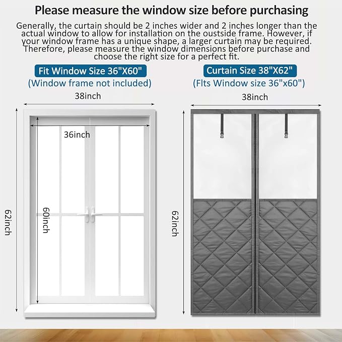 Cinnvoice 62x38 Inch Window Insulation Kit, Zipper Thermal Cover 3x5 ft | - Image 2