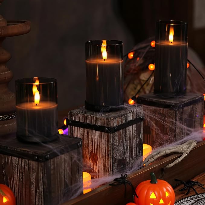 Homemory Grey Glass Flameless Candles, Real Wax, Remote Timer, 3 Pack | - Image 3