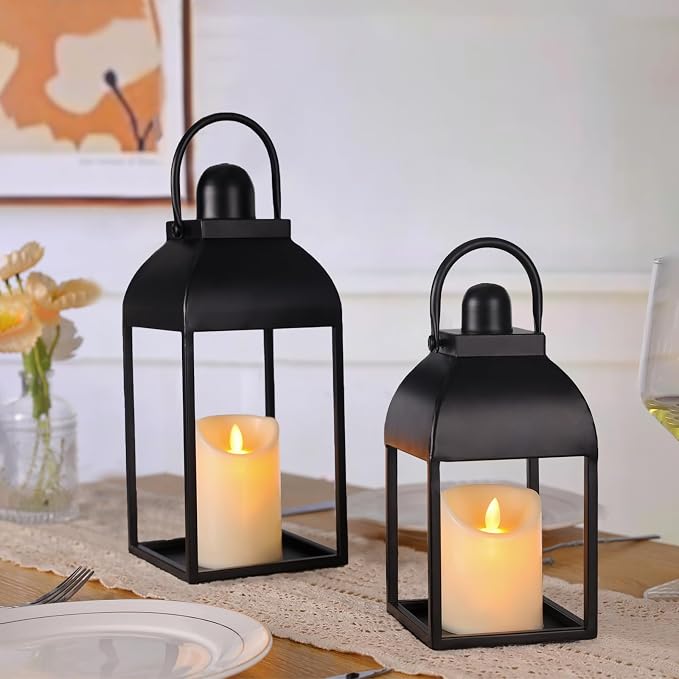 Lanterns Decorative Indoor 15" 11" Set of 2 Black Metal Lantern - Image 6