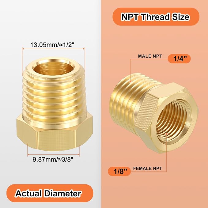15 Pack Male to FeMale Adapters, 1/4" Male NPT x 1/8" FeMale NPT Brass Hex - Image 2