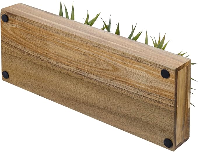 MyGift 15 Inch Artificial Green Grass Plant Acacia Wood Planter | Realistic - Image 7