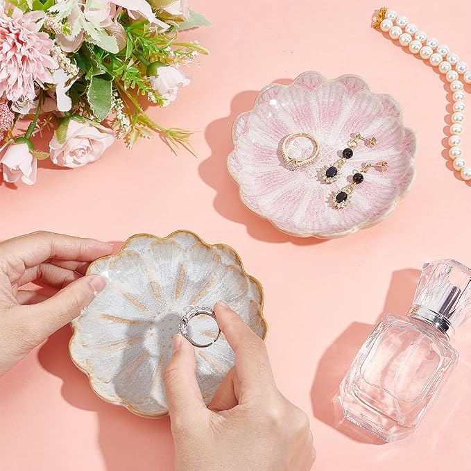 NBEADS 2 Pcs Ceramic Jewelry Tray, Lotus Flower Ring Dish Holder Porcelain - Image 3