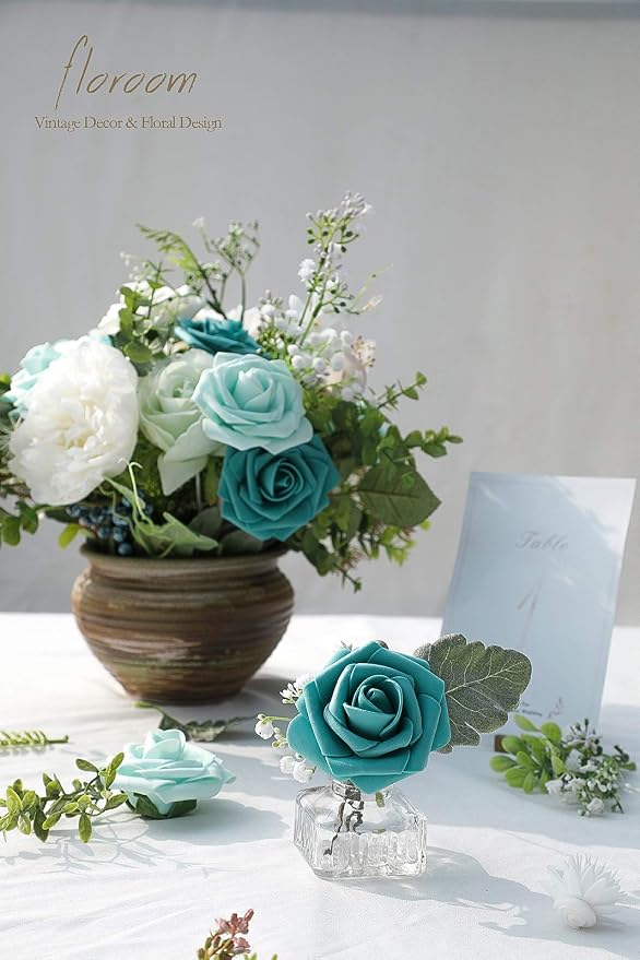 Artificial Flowers 25pcs Real Looking Teal Green Foam Fake Roses - Image 5