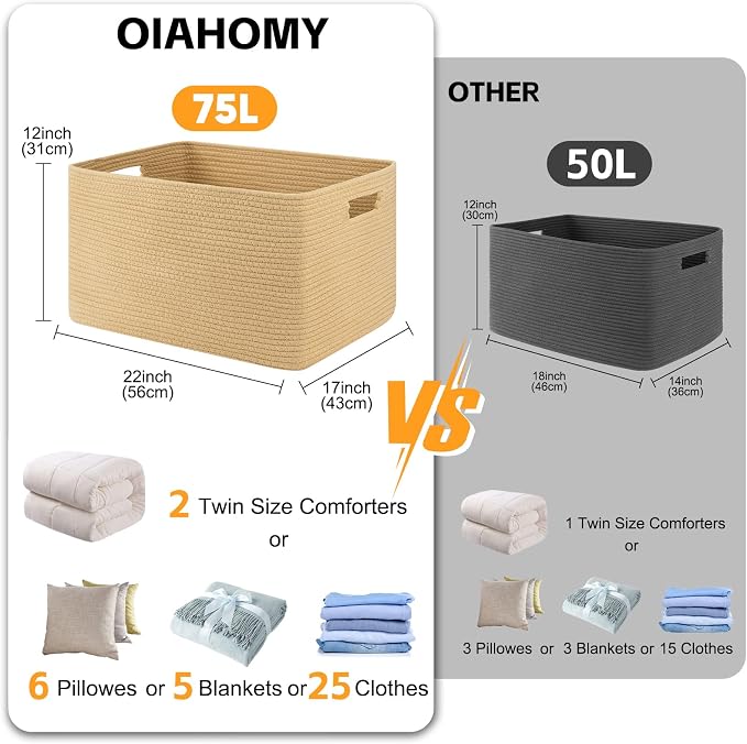 OIAHOMY 75L Large Blanket Basket, Woven Cotton Rope Baskets - Image 3