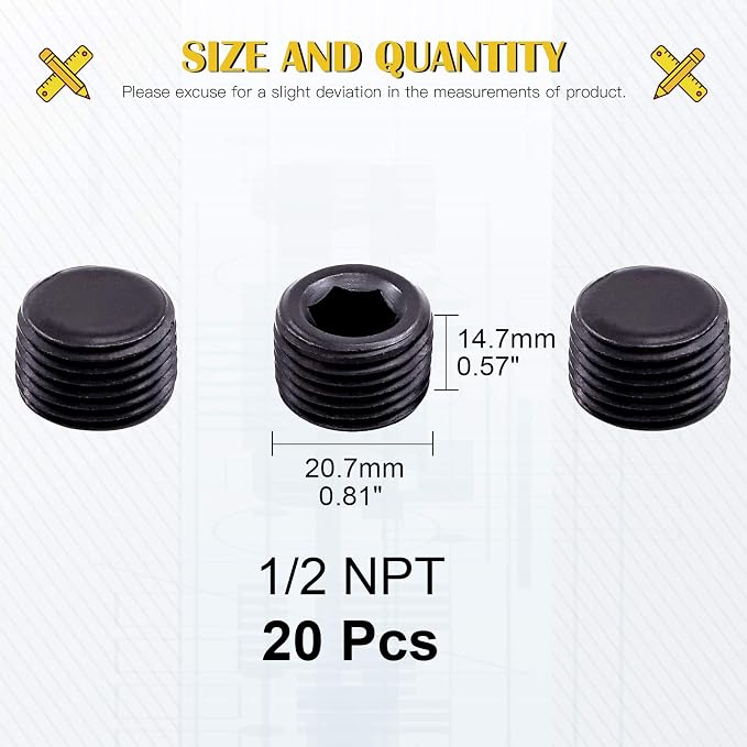 20Pcs 1/2" NPT Plug Pipe Plugs Fitting Carbon Steel Male Thread Internal Allen - Image 2