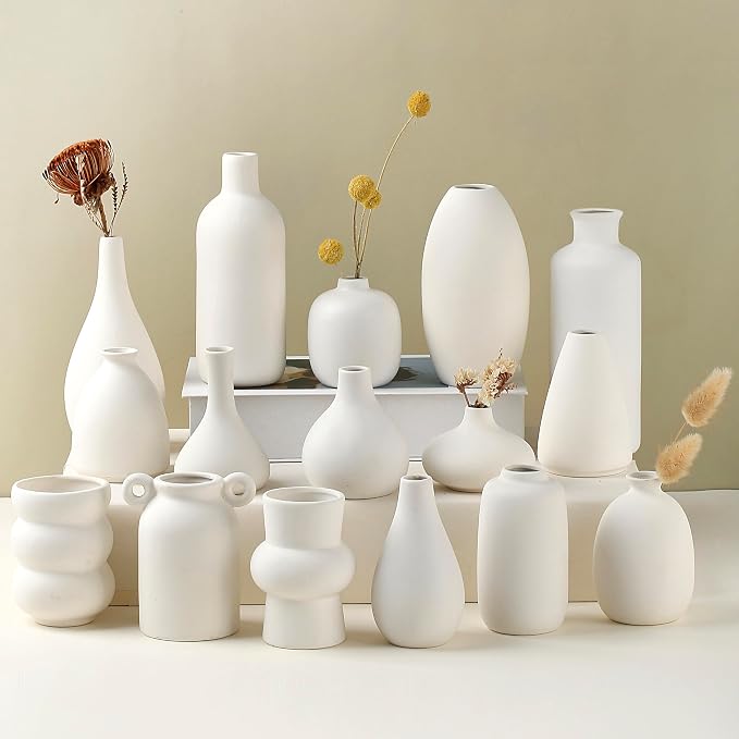 Set of 16 White Ceramic Bud Vases, Minimalist Boho Small Pampas Grass Flower by Parlamain