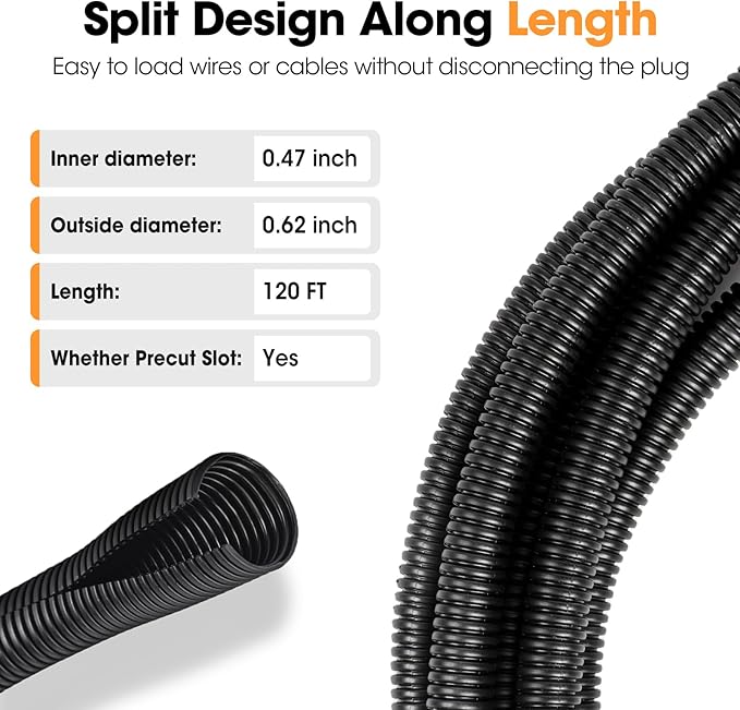 120 FT Wire Loom 1/2 Inch, Split Wire Loom Tubing Wire Conduit, Wire Protector - Image 3