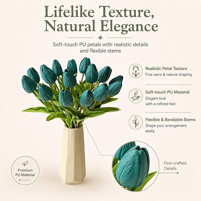Mandy's 20pcs Artificial Teal Tulips | 13.5 Inch Lifelike PU Tulips Faux Floral - Image 2
