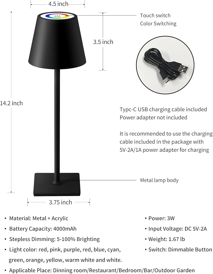 KDG 2 Pack Cordless Black Table Lamps, RGB Color Stepless Dimming Desk Lamp | - Image 5