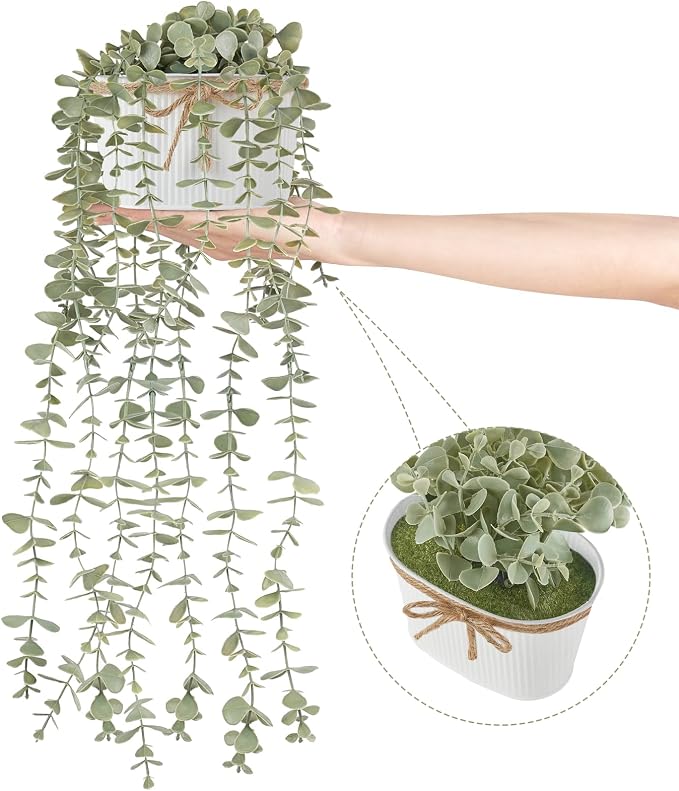 Mkono Fake Hanging Plants in Farmhouse Galvanized Pot - Image 4