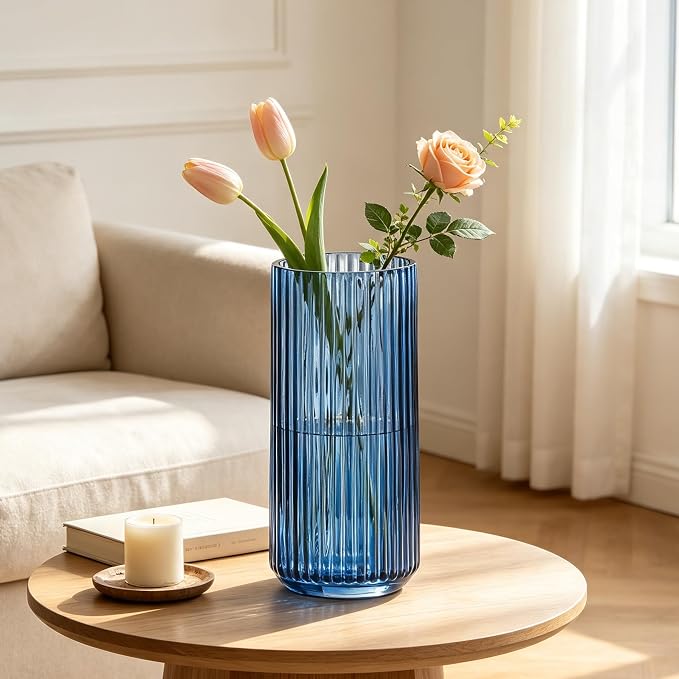 10 inch Blue Glass Flower Vase for Pampas Grass, Medium Decorative Centerpiece - Image 5