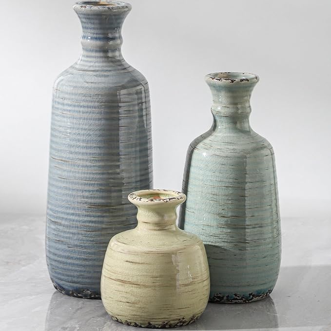 Ceramic Vase Set of 3, Rustic Neutral Vases Home Decor Farmhouse Decorative by ooit